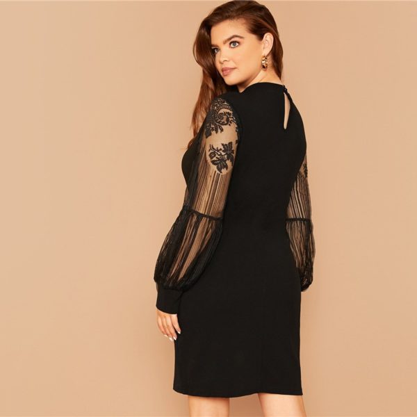 Plus Size Black Mock-Neck Lace Lantern Sleeve Short Dress - Image 2