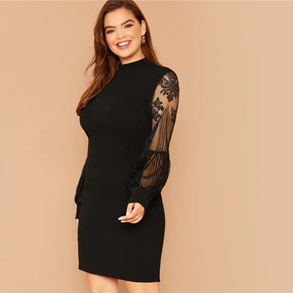 Plus Size Black Mock-Neck Lace Lantern Sleeve Short Dress - Image 3
