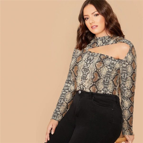 Plus Size Mock-Neck Cut Out Snakeskin Print Stretchy Sexy T-shirts