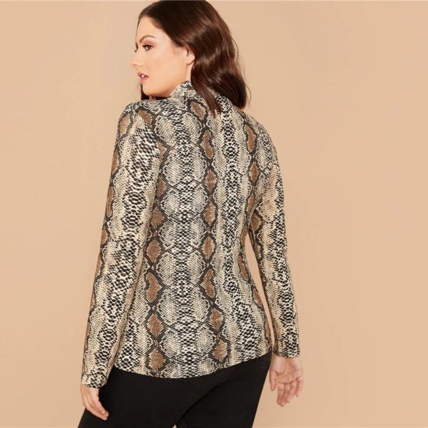 Plus Size Mock-Neck Cut Out Snakeskin Print Stretchy Sexy T-shirts - Image 2
