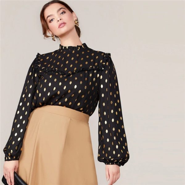 Plus Size Office Lady Bishop Sleeve Keyhole Back Dot Print Top