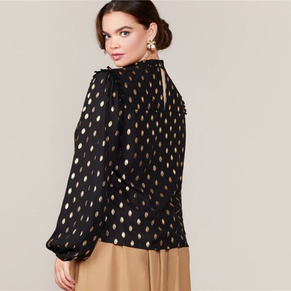 Plus Size Office Lady Bishop Sleeve Keyhole Back Dot Print Top - Image 2