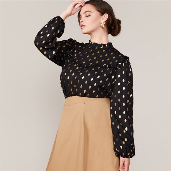 Plus Size Office Lady Bishop Sleeve Keyhole Back Dot Print Top - Image 3