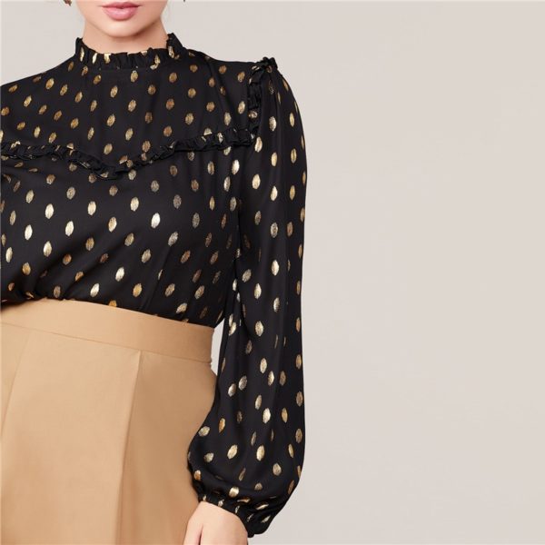 Plus Size Office Lady Bishop Sleeve Keyhole Back Dot Print Top - Image 4