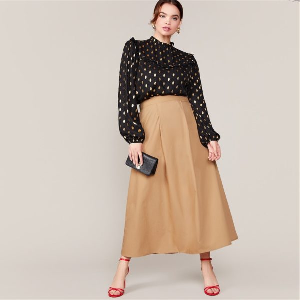 Plus Size Office Lady Bishop Sleeve Keyhole Back Dot Print Top - Image 5