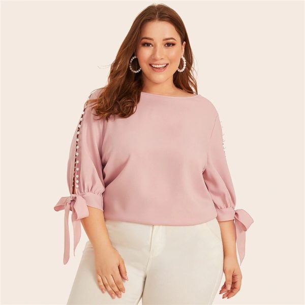 Plus Size Office Lady Pearl Beaded Knot Cuff Tops and Blouses