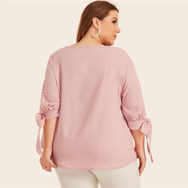 Plus Size Office Lady Pearl Beaded Knot Cuff Tops and Blouses - Image 2