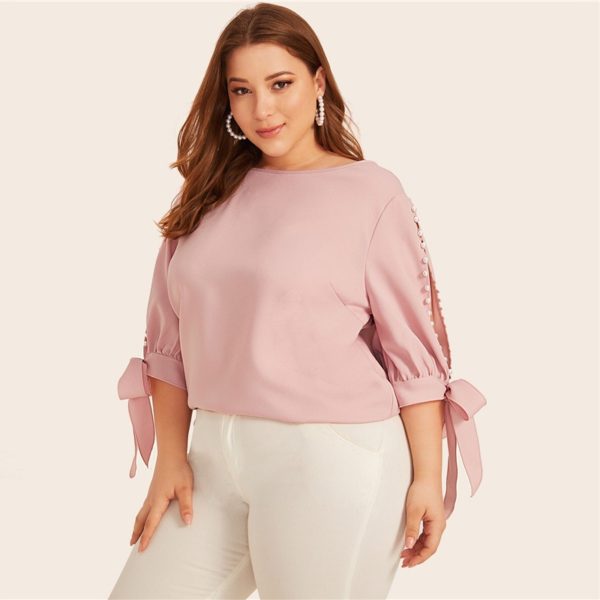 Plus Size Office Lady Pearl Beaded Knot Cuff Tops and Blouses - Image 3