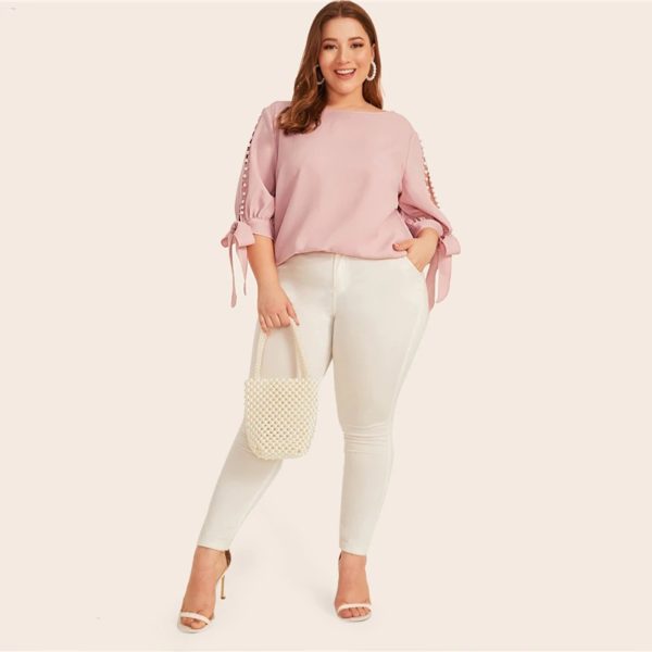 Plus Size Office Lady Pearl Beaded Knot Cuff Tops and Blouses - Image 4