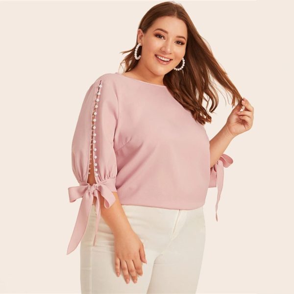 Plus Size Office Lady Pearl Beaded Knot Cuff Tops and Blouses - Image 5