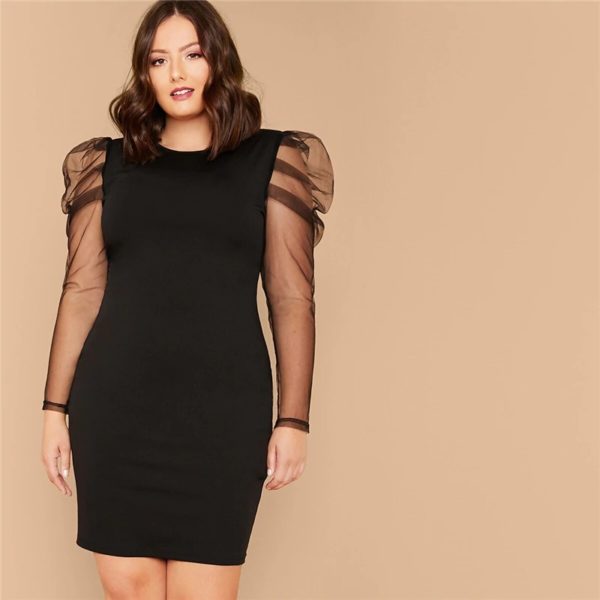 Plus Size Sheer Gigot Sleeve Pencil Solid Short Party Dress