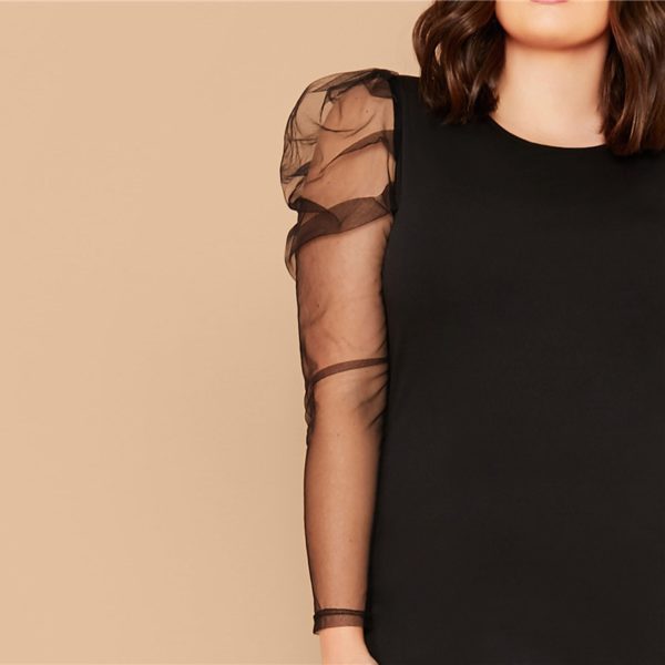 Plus Size Sheer Gigot Sleeve Pencil Solid Short Party Dress - Image 4