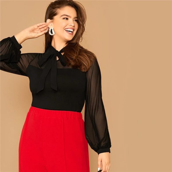 Plus Size Tie Neck Mesh Sleeve Stand Collar Office Lady Top and Blouse