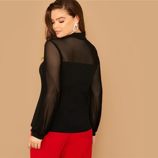 Plus Size Tie Neck Mesh Sleeve Stand Collar Office Lady Top and Blouse - Image 2