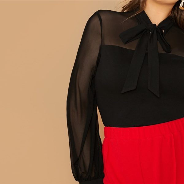 Plus Size Tie Neck Mesh Sleeve Stand Collar Office Lady Top and Blouse - Image 3