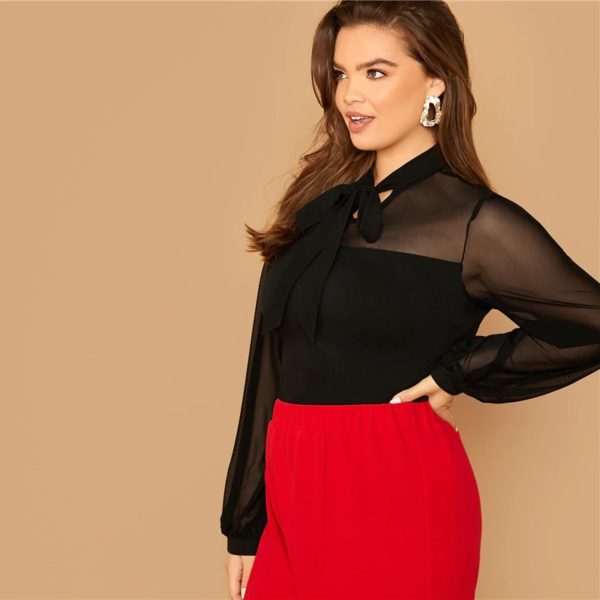 Plus Size Tie Neck Mesh Sleeve Stand Collar Office Lady Top and Blouse - Image 4
