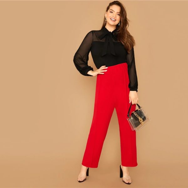 Plus Size Tie Neck Mesh Sleeve Stand Collar Office Lady Top and Blouse - Image 5