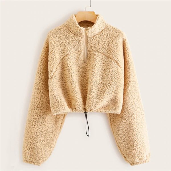 Solid Stand Collar Zipper Half Placket Teddy Sweatshirt