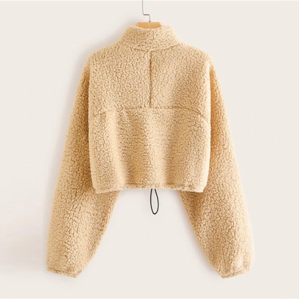 Solid Stand Collar Zipper Half Placket Teddy Sweatshirt - Image 2