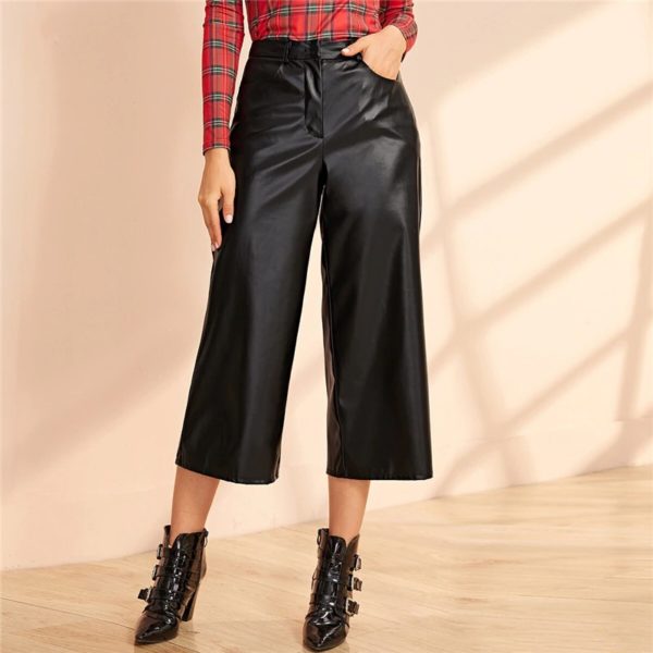 Wide Leg PU Leather Zipper Fly Glamorous Thin Loose Capris Pants