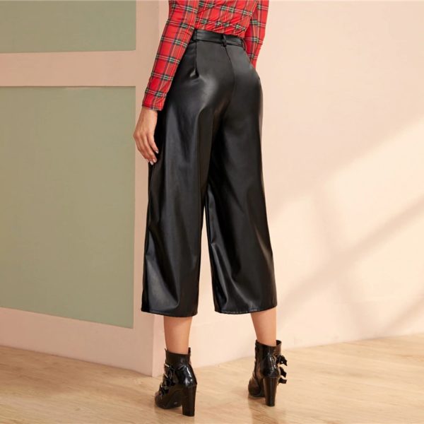 Wide Leg PU Leather Zipper Fly Glamorous Thin Loose Capris Pants - Image 2