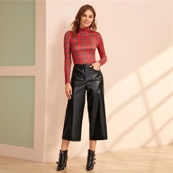 Wide Leg PU Leather Zipper Fly Glamorous Thin Loose Capris Pants - Image 3