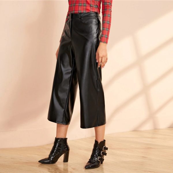 Wide Leg PU Leather Zipper Fly Glamorous Thin Loose Capris Pants - Image 4