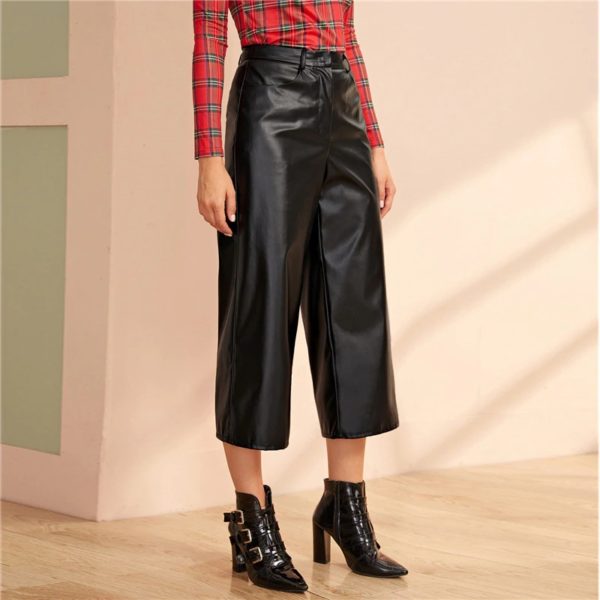 Wide Leg PU Leather Zipper Fly Glamorous Thin Loose Capris Pants - Image 5