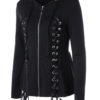 Hoodie Long Sleeve Lace Up Straps Full Zip Hooded Jacket - Image 2