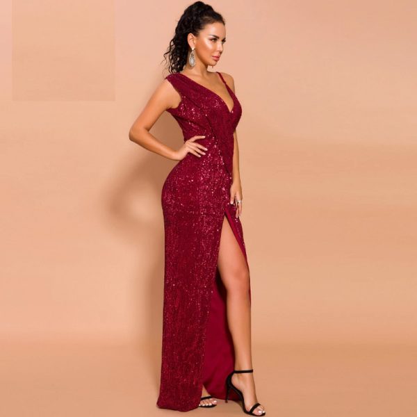 Sexy Deep V Neck Backless High Split Maxi Dress - Image 5