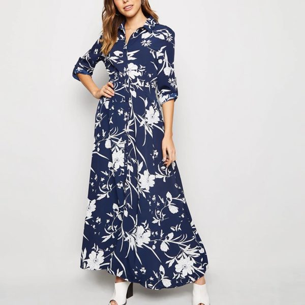 Elegant Turn Down Collar Vintage Floral Print Long Shirt Dress - Image 2