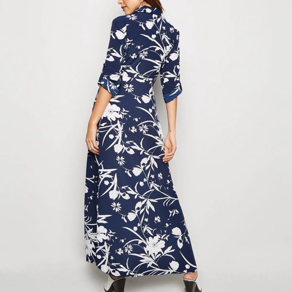 Elegant Turn Down Collar Vintage Floral Print Long Shirt Dress - Image 3