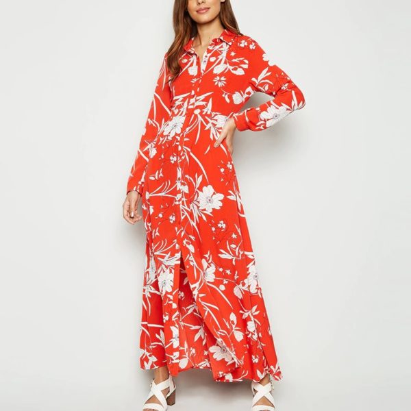 Elegant Turn Down Collar Vintage Floral Print Long Shirt Dress - Image 5