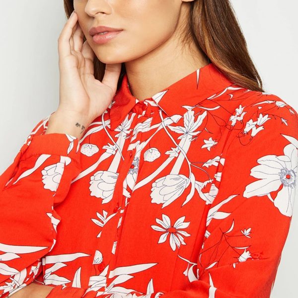 Elegant Turn Down Collar Vintage Floral Print Long Shirt Dress - Image 4