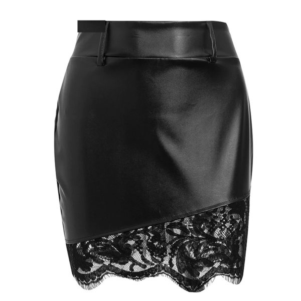 Lace Patchwork Short Faux Leather Skirt - Image 3