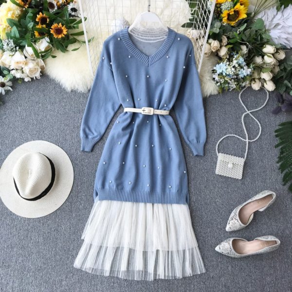 Long Sleeve Pearl Bead Sweater Lace Dress