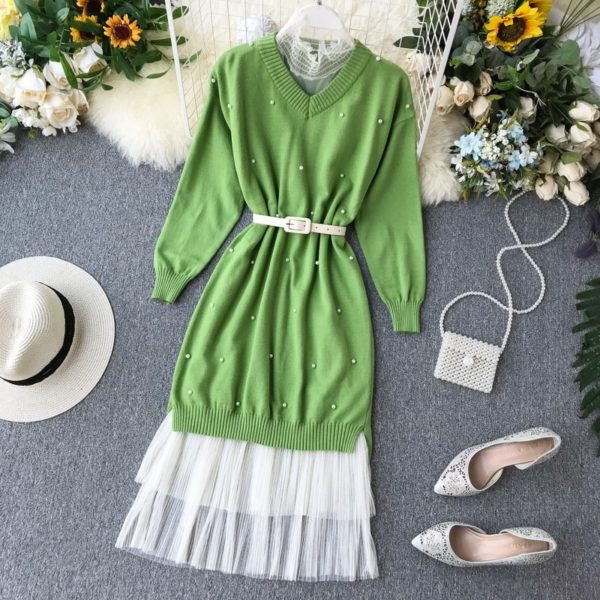 Long Sleeve Pearl Bead Sweater Lace Dress - Image 2