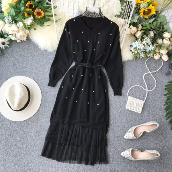 Long Sleeve Pearl Bead Sweater Lace Dress - Image 3