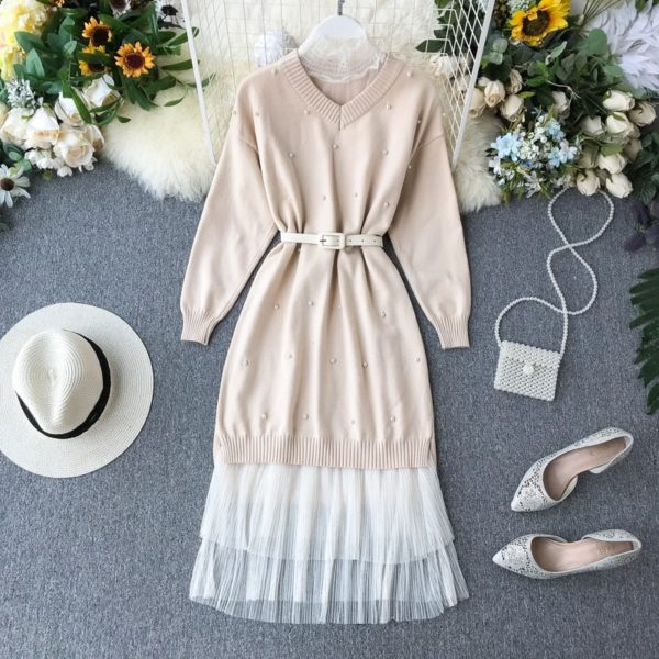 Long Sleeve Pearl Bead Sweater Lace Dress - Image 4