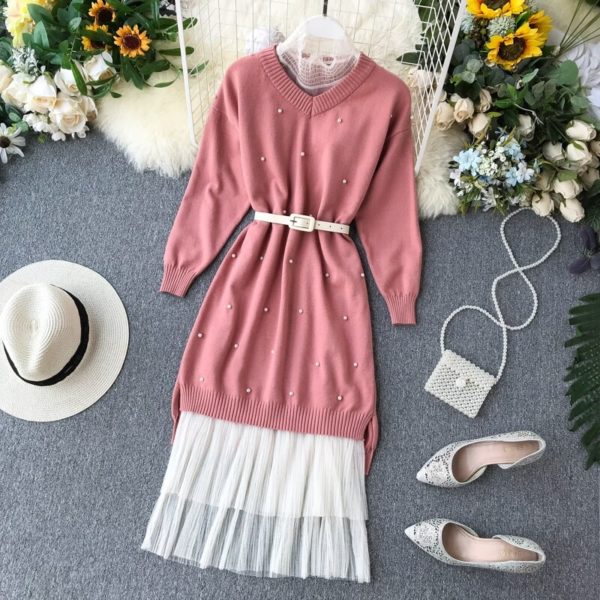 Long Sleeve Pearl Bead Sweater Lace Dress - Image 5