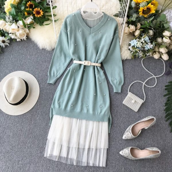 Long Sleeve Pearl Bead Sweater Lace Dress - Image 6