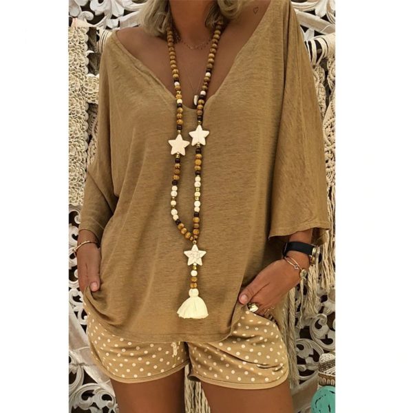 Three Quarter Sleeve Deep V-neck Solid Casual Streetwear Blouse