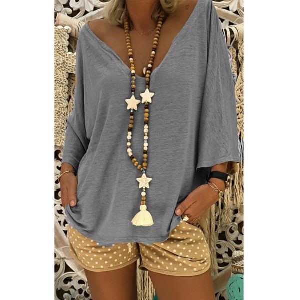 Three Quarter Sleeve Deep V-neck Solid Casual Streetwear Blouse - Image 2