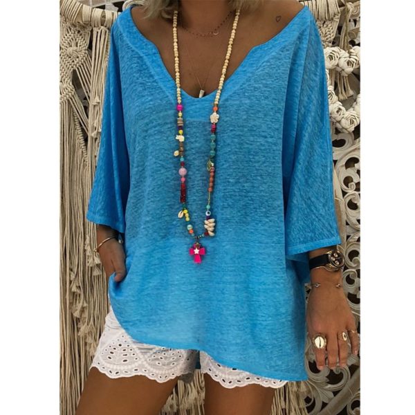 Three Quarter Sleeve Deep V-neck Solid Casual Streetwear Blouse - Image 5