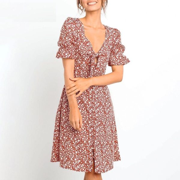 Casual Puff Sleeve Fashion V Neck Bow Print Dress