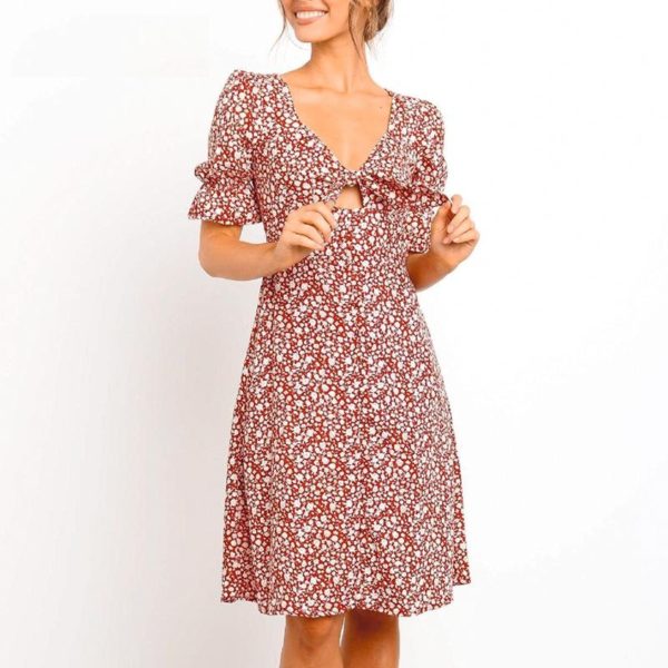 Casual Puff Sleeve Fashion V Neck Bow Print Dress - Image 2