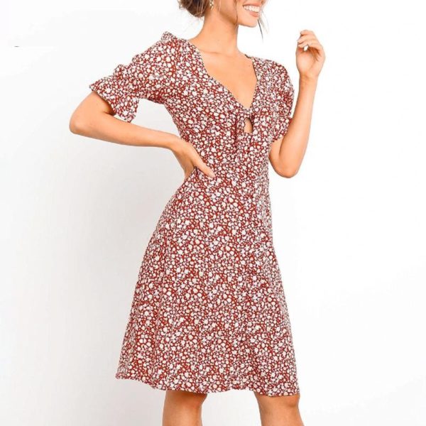 Casual Puff Sleeve Fashion V Neck Bow Print Dress - Image 3