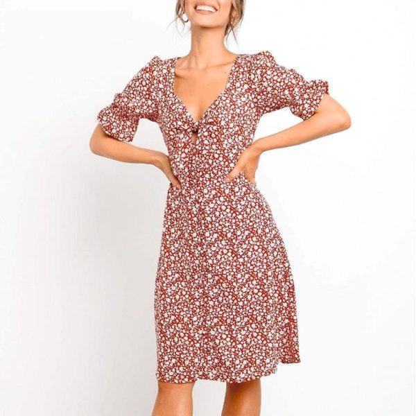 Casual Puff Sleeve Fashion V Neck Bow Print Dress - Image 4