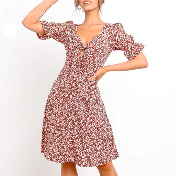 Casual Puff Sleeve Fashion V Neck Bow Print Dress - Image 5