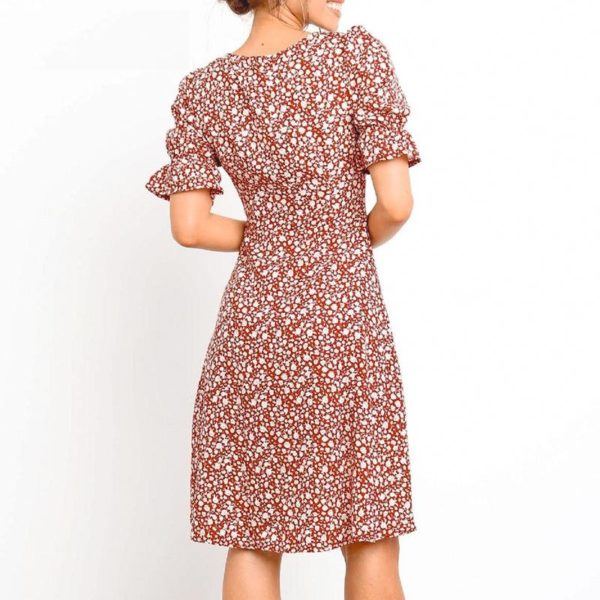 Casual Puff Sleeve Fashion V Neck Bow Print Dress - Image 6